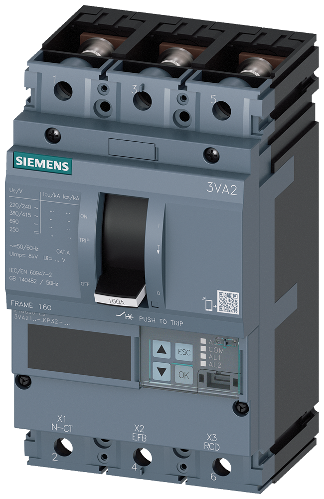 Siemens 3VA2163-6KP32-0AA0 SENTRON SERİSİ HABERLEŞME ÖZELLİKLİ KOMPAKT GÜÇ ŞALTERİ; 3VA21; 85kA; ETU850; 25-63A, 38-630A; 3 KUTUPLU