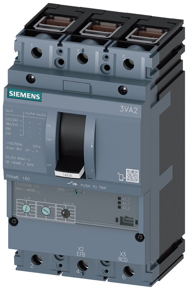 Siemens 3VA2163-5MN36-0AA0 SENTRON SERİSİ MOTOR KORUMA ŞALTERİ;3VA21, 55kA, 63A, ETU350M, ATAM, AYARLI TERMİK AYARLI MANYETİK, 3 KUTUPLU
