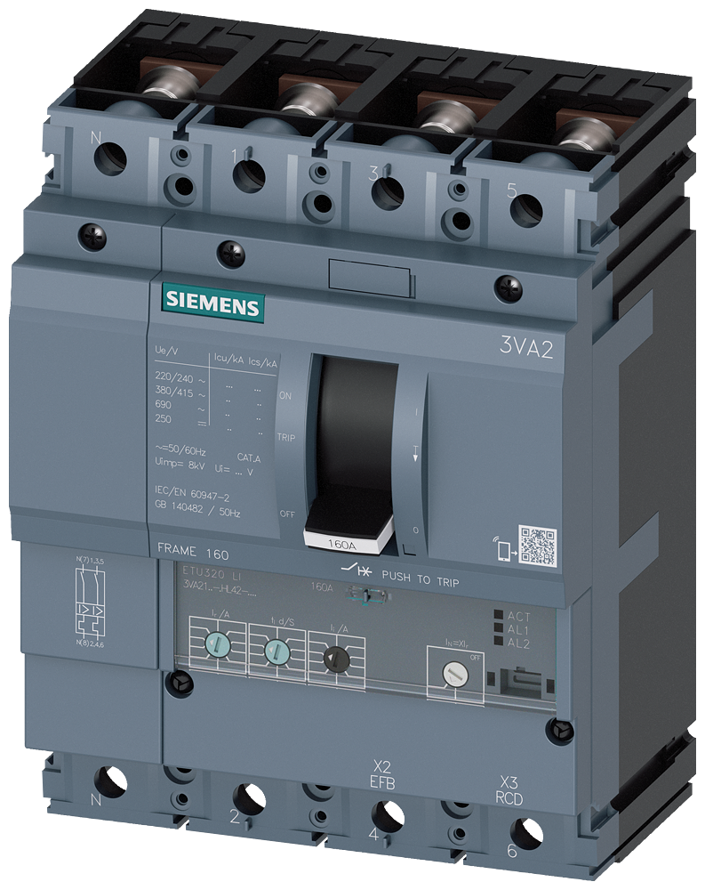 Siemens 3VA2163-5HL42-0AA0 SENTRON SERİSİ KOMPAKT TİP GÜÇ ŞALTERİ;3VA21,55kA,63 A,ETU320, LI korumalı,4 KUTUPLU