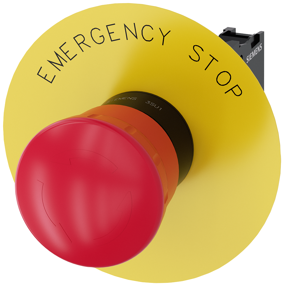Siemens 3SU1100-1HB20-1CG0 Sirius ACT Plastik Çevir-Kur 1NC “EMERGENCY STOP” plakalı Komple Acil Stop Mantar Butonlar 40mm