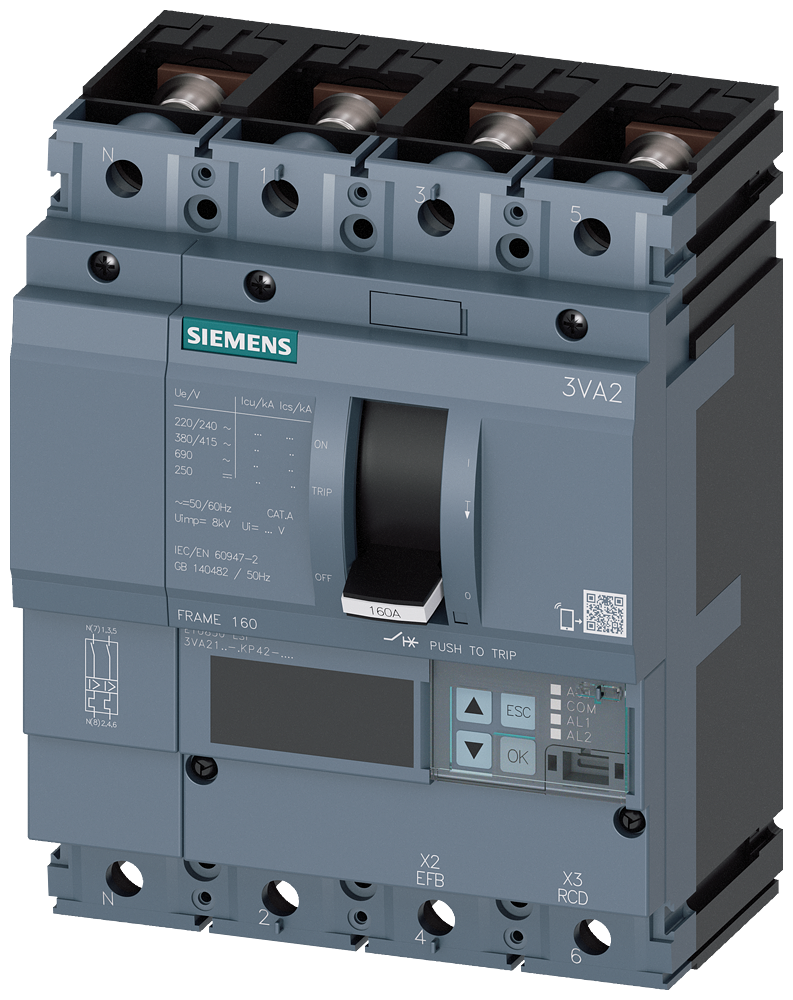 Siemens 3VA2116-5KP42-0AA0 SENTRON SERİSİ HABERLEŞME ÖZELLİKLİ KOMPAKT GÜÇ ŞALTERİ; 3VA21; 55kA; ETU850; 63-160A, 96-1600A; 4 KUTUPLU