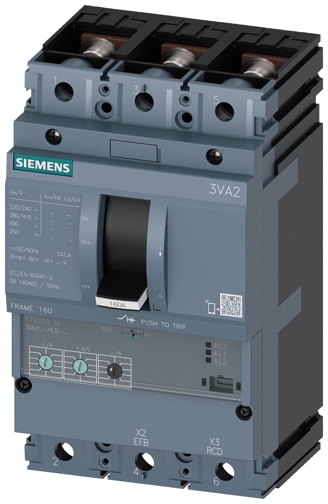 Siemens 3VA2110-6HL32-0AA0 SENTRON SERİSİ KOMPAKT TİP GÜÇ ŞALTERİ;3VA21,85kA,100 A,ETU320, LI korumalı,3 KUTUPLU
