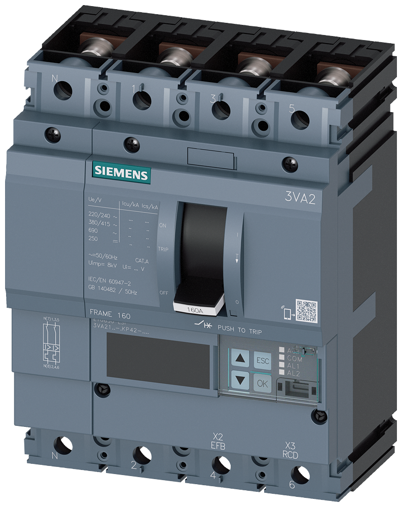 Siemens 3VA2110-5KP42-0AA0 SENTRON SERİSİ HABERLEŞME ÖZELLİKLİ KOMPAKT GÜÇ ŞALTERİ; 3VA21; 55kA; ETU850; 40-100A, 60-1000A; 4 KUTUPLU