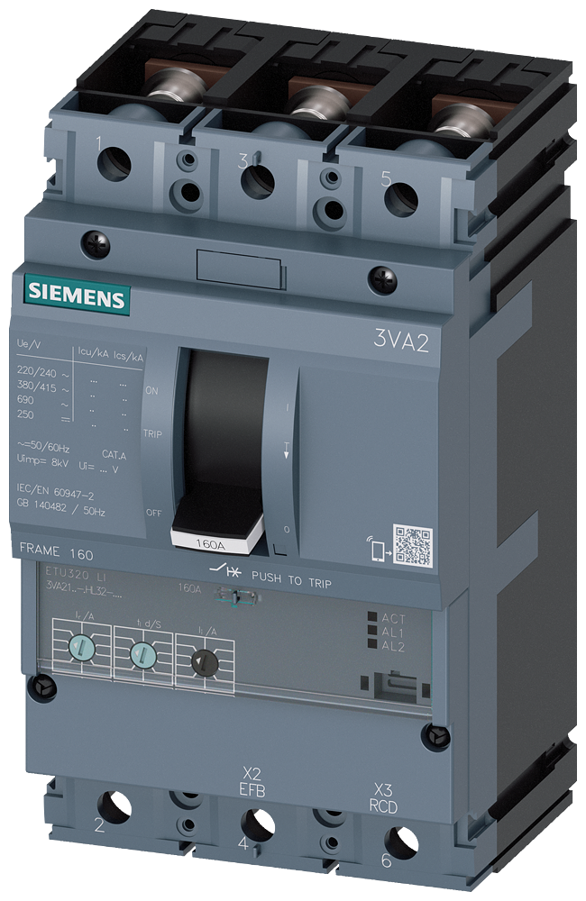 Siemens 3VA2110-5HL32-0AA0 SENTRON SERİSİ KOMPAKT TİP GÜÇ ŞALTERİ;3VA21,55kA,100 A,ETU320, LI korumalı,3 KUTUPLU