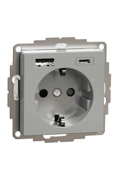 Schneider (MTN2367-0460) USB Type A+C 3A prizli topraklı priz, çocuk korumalı, Alüminyum