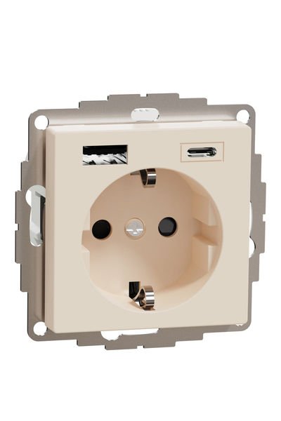 Schneider (MTN2367-0344) USB Type A+C 3A prizli topraklı priz, çocuk korumalı, Krem