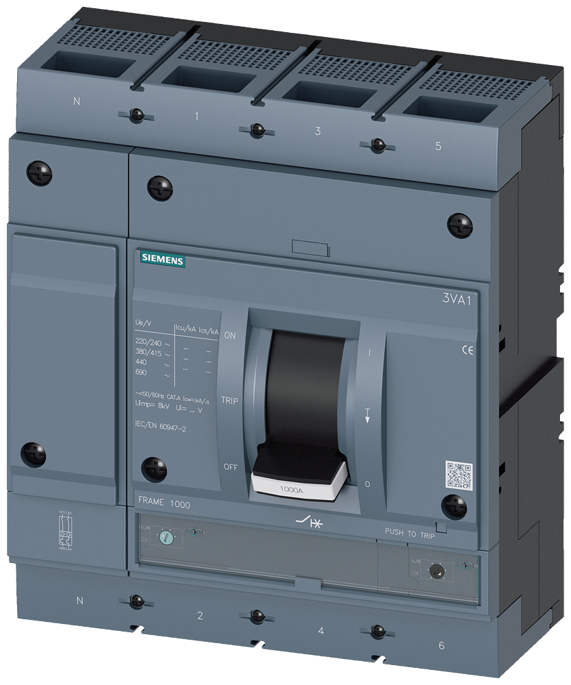 Siemens 3VA1510-6EF42-0AA0 SENTRON SERİSİ KOMPAKT TİP GÜÇ ŞALTERİ;3VA15,70kA,1000 A,TM240, ATAM,4 KUTUPLU