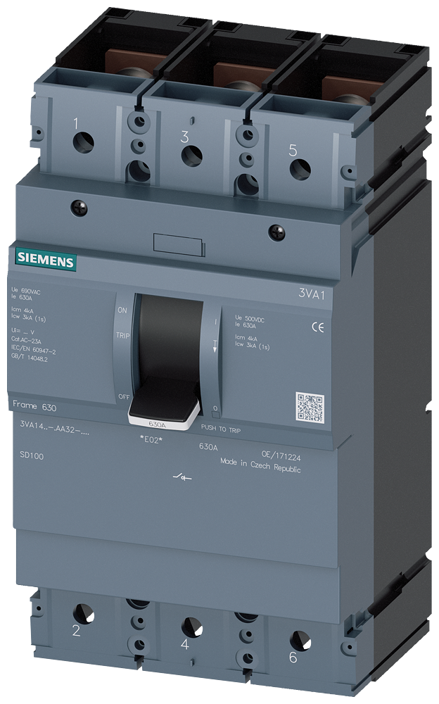 Siemens 3VA1463-1AA32-0AA0 SENTRON SERİSİ KOMPAKT TİP YÜK KESİCİ GÜÇ ŞALTERİ;  3VA14; 630A; KORUMASIZ; 3 KUTUPLU