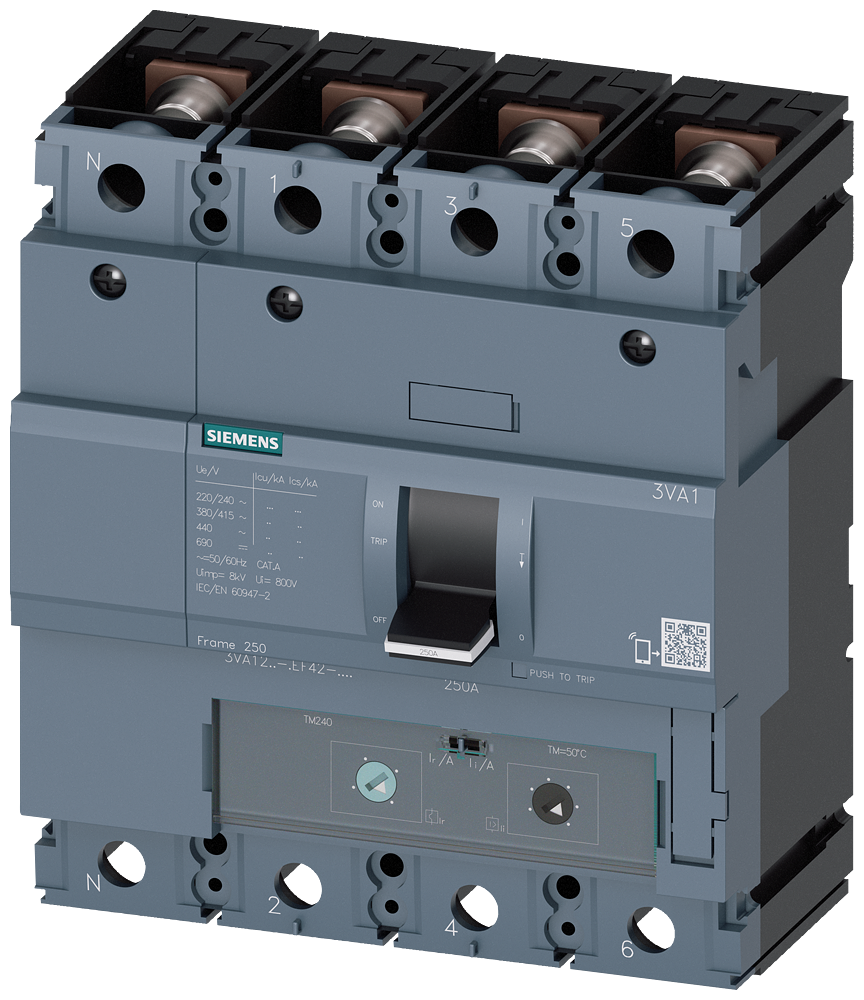 Siemens 3VA1225-6EF42-0AA0 SENTRON SERİSİ KOMPAKT TİP TERMİK MANYETİK GÜÇ ŞALTERİ; 3VA12; 70kA; TERMİK AYARLI; SABİT MANYETİK; 175-250A; 4 KUTUPLU