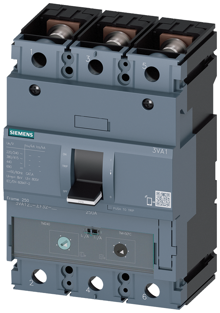 Siemens 3VA1225-5EF32-0AA0 SENTRON SERİSİ KOMPAKT TİP TERMİK MANYETİK GÜÇ ŞALTERİ; 3VA12; 55kA; TERMİK AYARLI; SABİT MANYETİK; 175-250A; 3 KUTUPLU