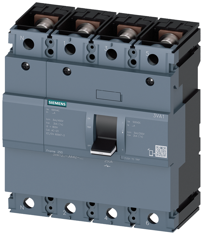 Siemens 3VA1225-1AA42-0AA0 SENTRON SERİSİ KOMPAKT TİP YÜK KESİCİ GÜÇ ŞALTERİ;  3VA12; 250A; KORUMASIZ; 4 KUTUPLU