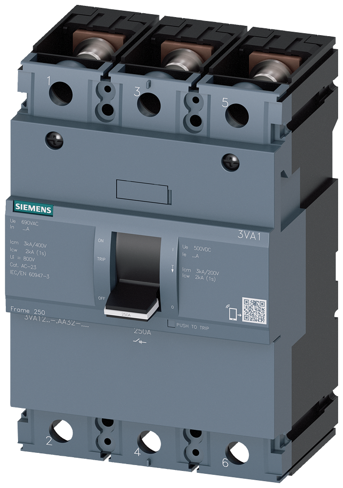 Siemens 3VA1225-1AA32-0AA0 SENTRON SERİSİ KOMPAKT TİP YÜK KESİCİ GÜÇ ŞALTERİ;  3VA12; 250A; KORUMASIZ; 3 KUTUPLU