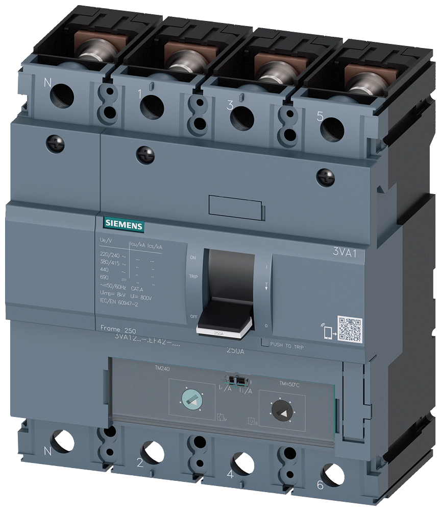 Siemens 3VA1220-6EF42-0AA0 SENTRON SERİSİ KOMPAKT TİP TERMİK MANYETİK GÜÇ ŞALTERİ; 3VA12; 70kA; TERMİK AYARLI; SABİT MANYETİK; 140-200A; 4 KUTUPLU