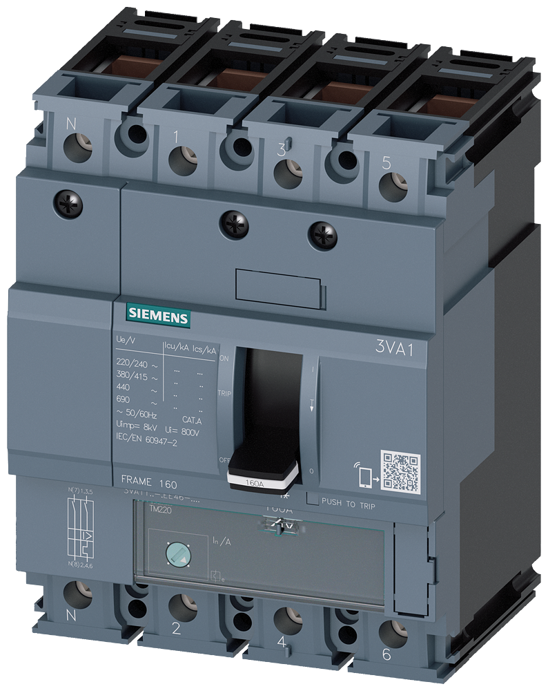 Siemens 3VA1196-5EE46-0AA0 SENTRON SERİSİ KOMPAKT TİP TERMİK MANYETİK GÜÇ ŞALTERİ; 3VA11; 55kA; TERMİK AYARLI; SABİT MANYETİK; 11-16A; 4 KUTUPLU